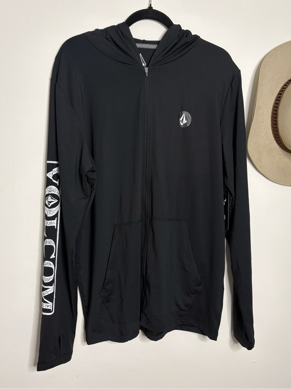 Volcom Men's Black Full-Zip Hooded ANTI-UV 50+UPF Jacket with Sleeve Logo